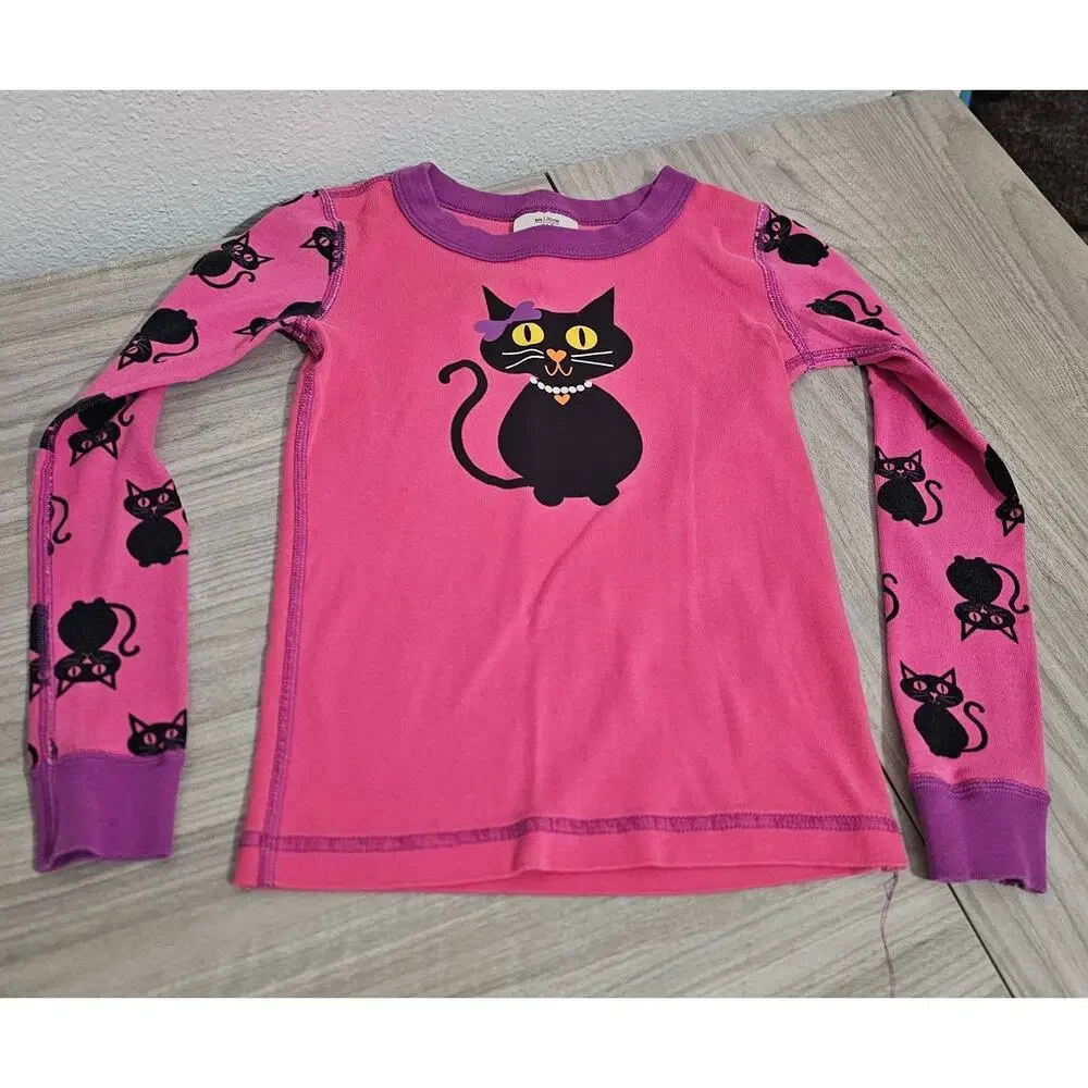 Hanna Andersson Pajama Set Pink Purple Black Cat Long Sleeve Halloween Girls 6-7